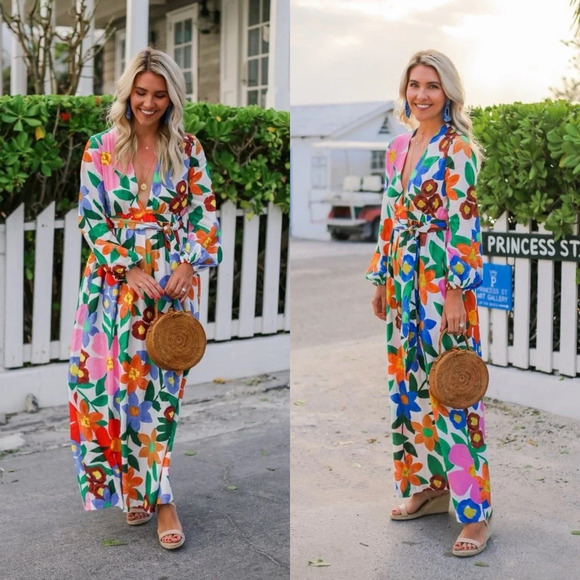 MARA HOFFMAN Luna Plunging Floral Sakura Bloom Maxi Dress Sz L - Picture 7 of 7